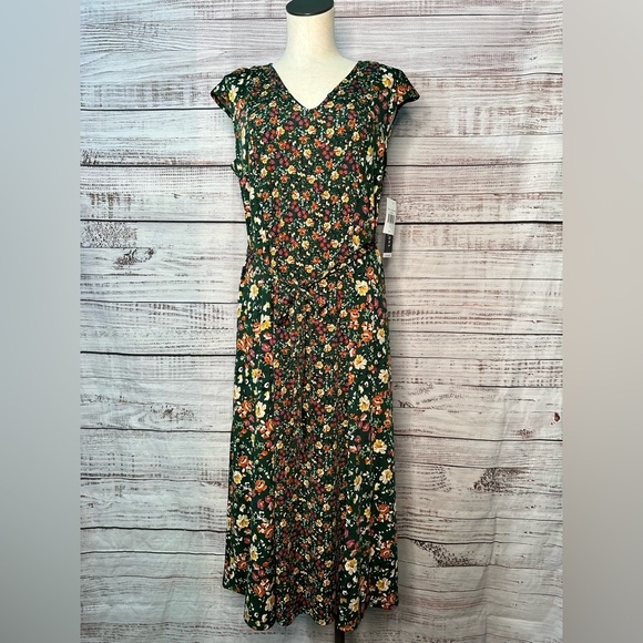 Perceptions New York Large Green Floral Midi Dress NEW - Picture 1 of 12